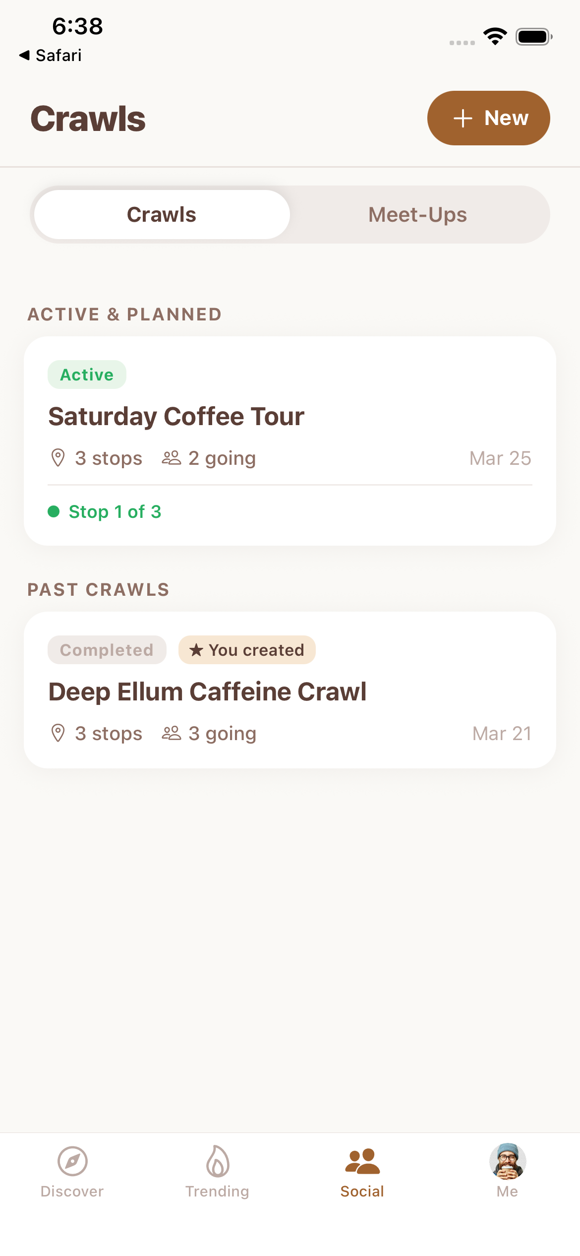 CoffeeVibes Crawls screen showing planned coffee crawls with friends