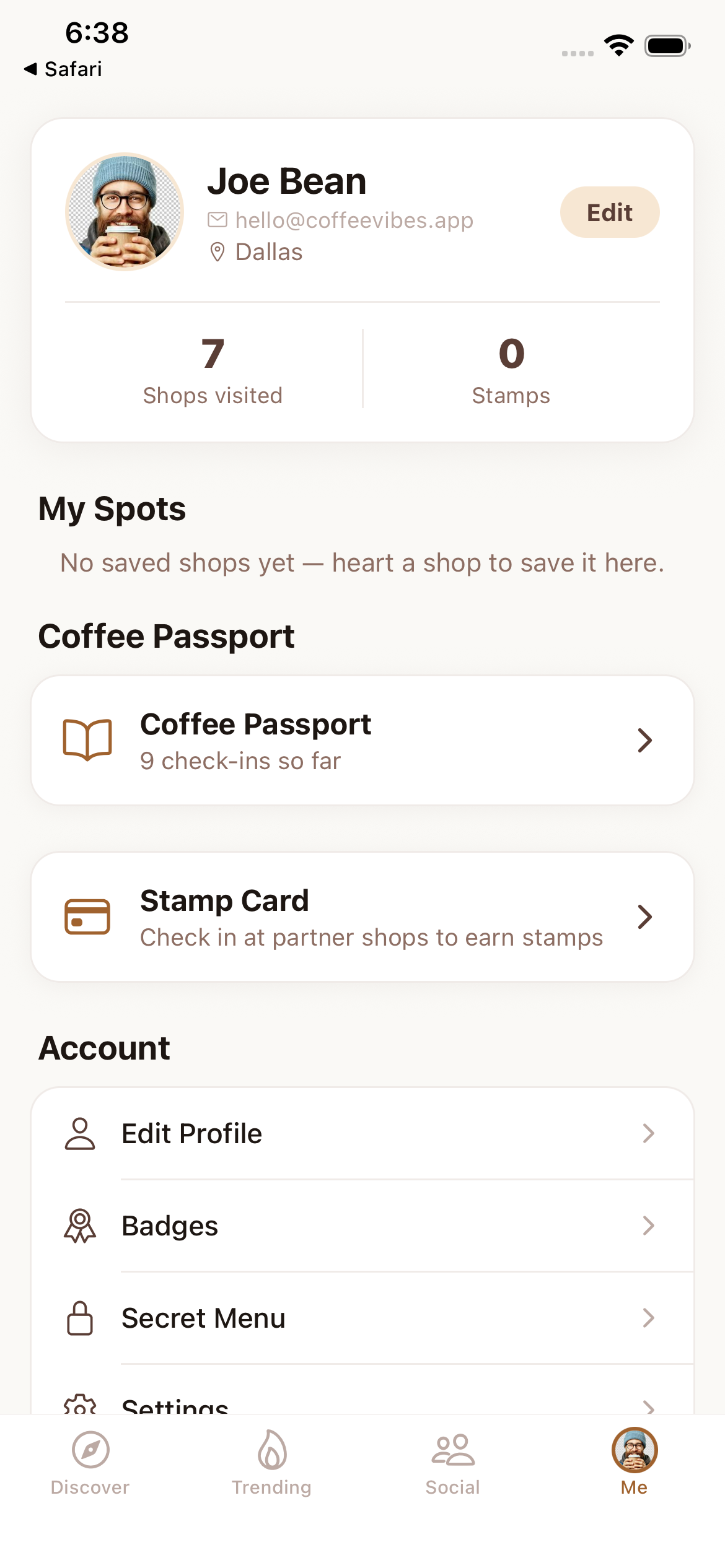 CoffeeVibes Profile screen showing coffee passport and stamps