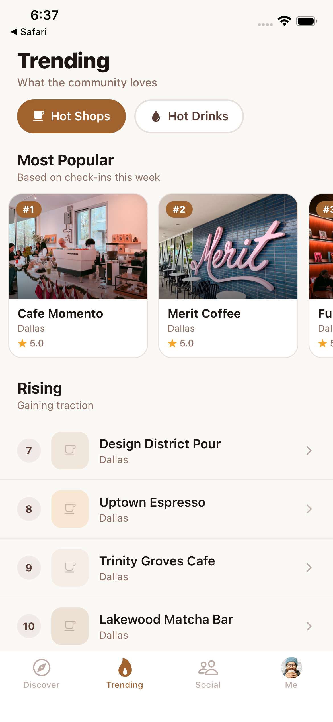 CoffeeVibes Trending screen showing most popular shops and rising spots